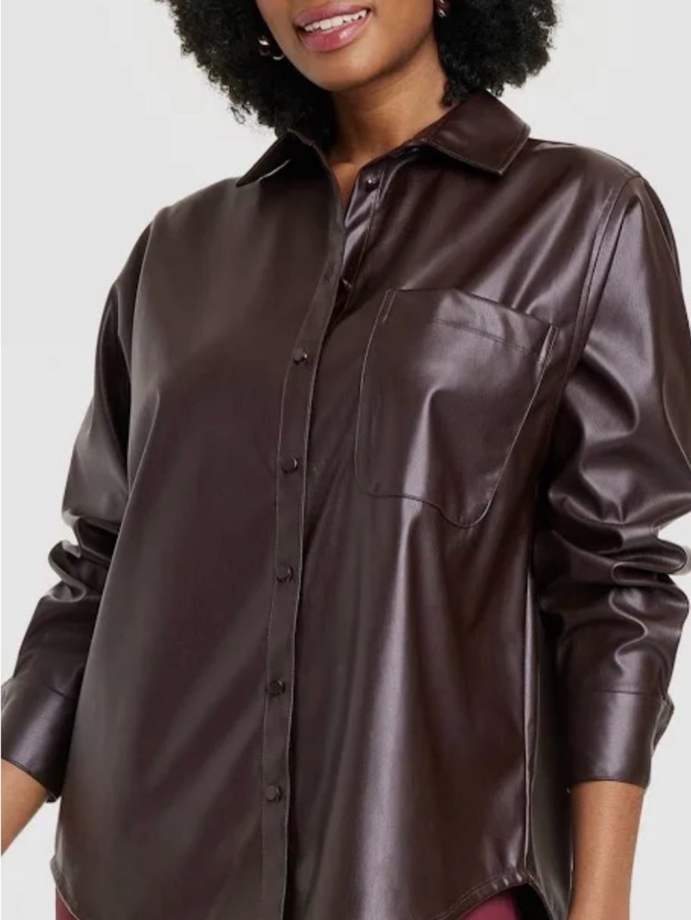 Women’s Brown Faux Leather Button-Up Shirt